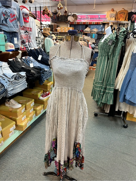Young Threads Dresses & Skirts - NWT Smocked Boho Light Grey Maxi Dress with Colorful Ruffle Gypsy Hem